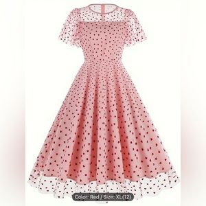 Heart Print Mesh Overlay Vintage style Flare Dress ❤️